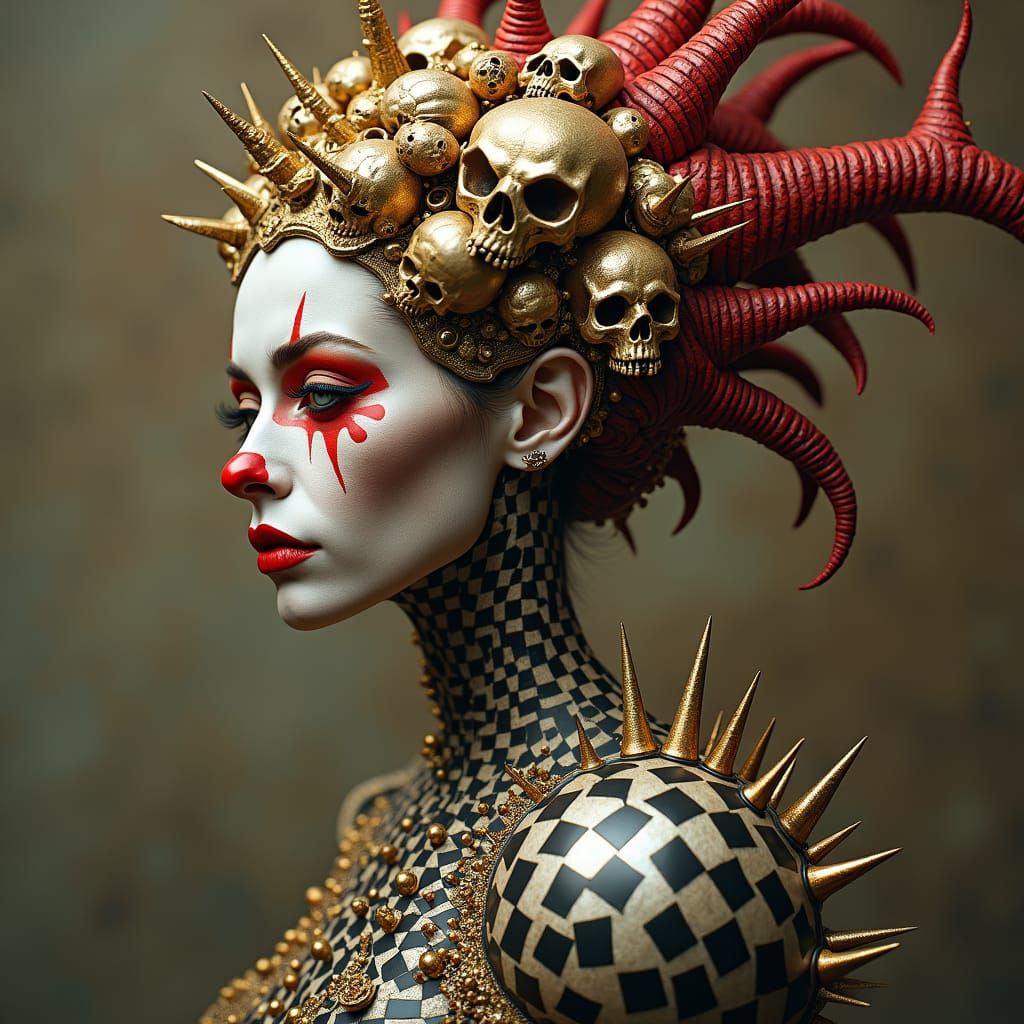 Gothic Clown Woman with Skull Crown in Dystopian Futurism