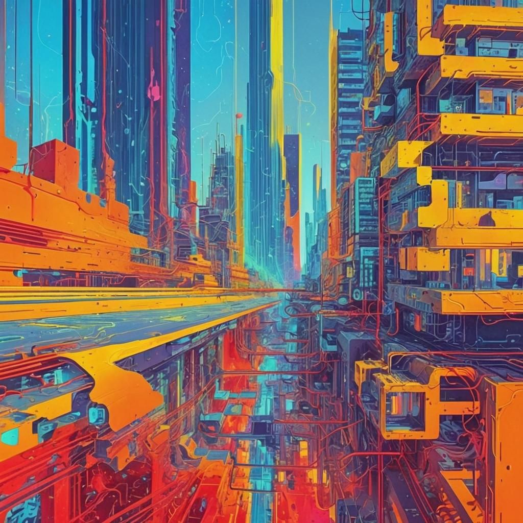Surreal Circuitry Landscape with Glitched Architecture