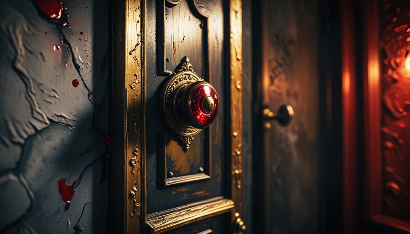 Dimly Lit Hall with Red Doors in Fantasy Art Style