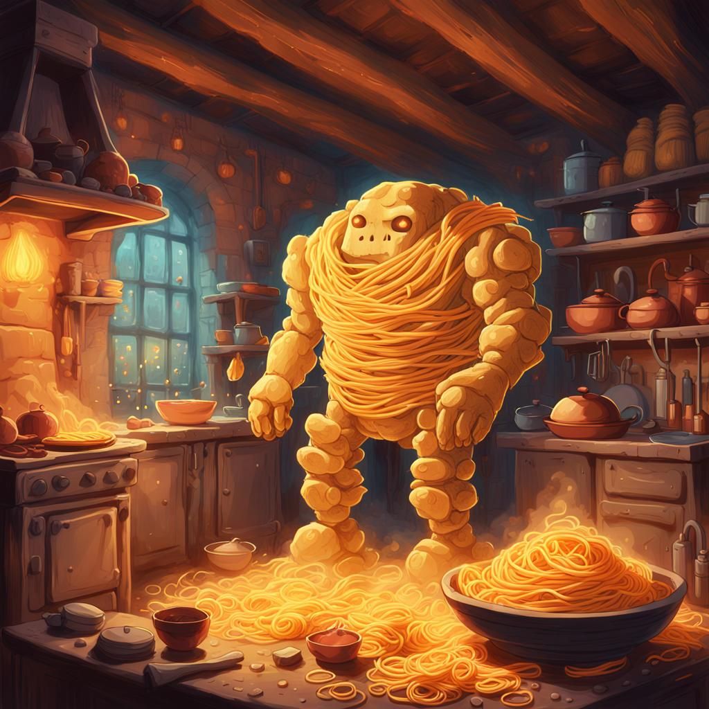 Pasta Golem in Mystical Kitchen, Fantasy Art