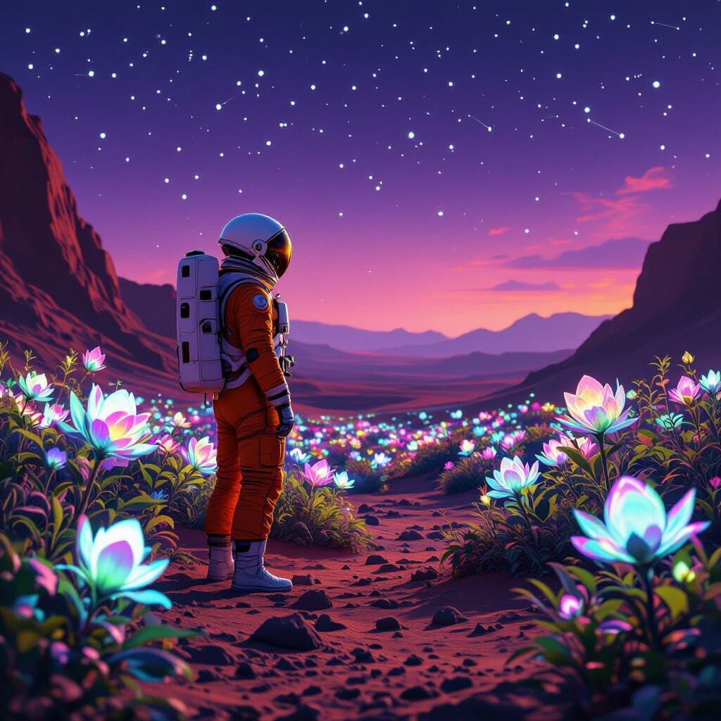 Astronaut Finds Bioluminescent Oasis on Mars in Sci-Fi Style