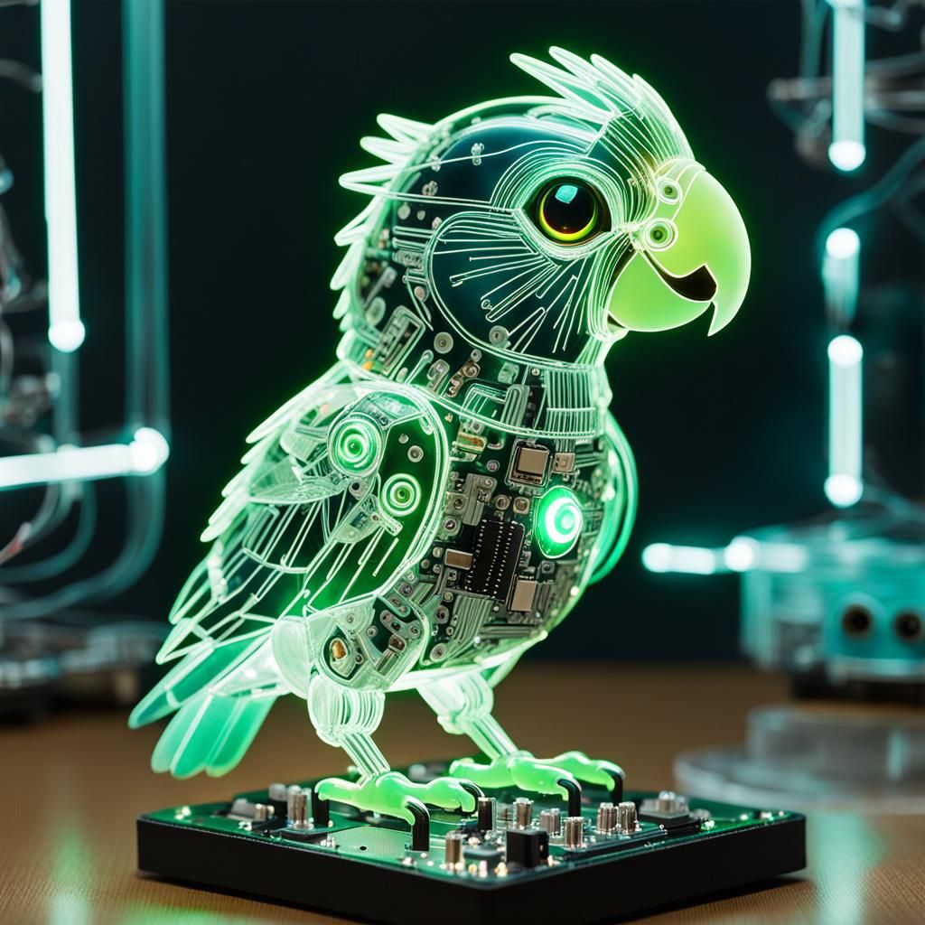 "Photo of a super cute chibi parrot on a ball (glowing cockatoo on a printed circuit board: 1.3) with bioluminescent lum...