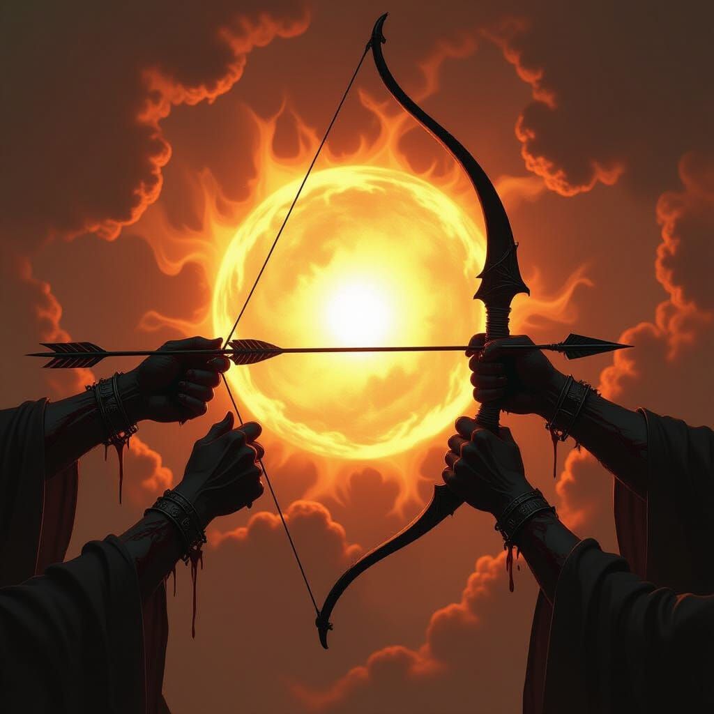 Demon Hands Draw Dark Energy Bow in Cosmic Radiance