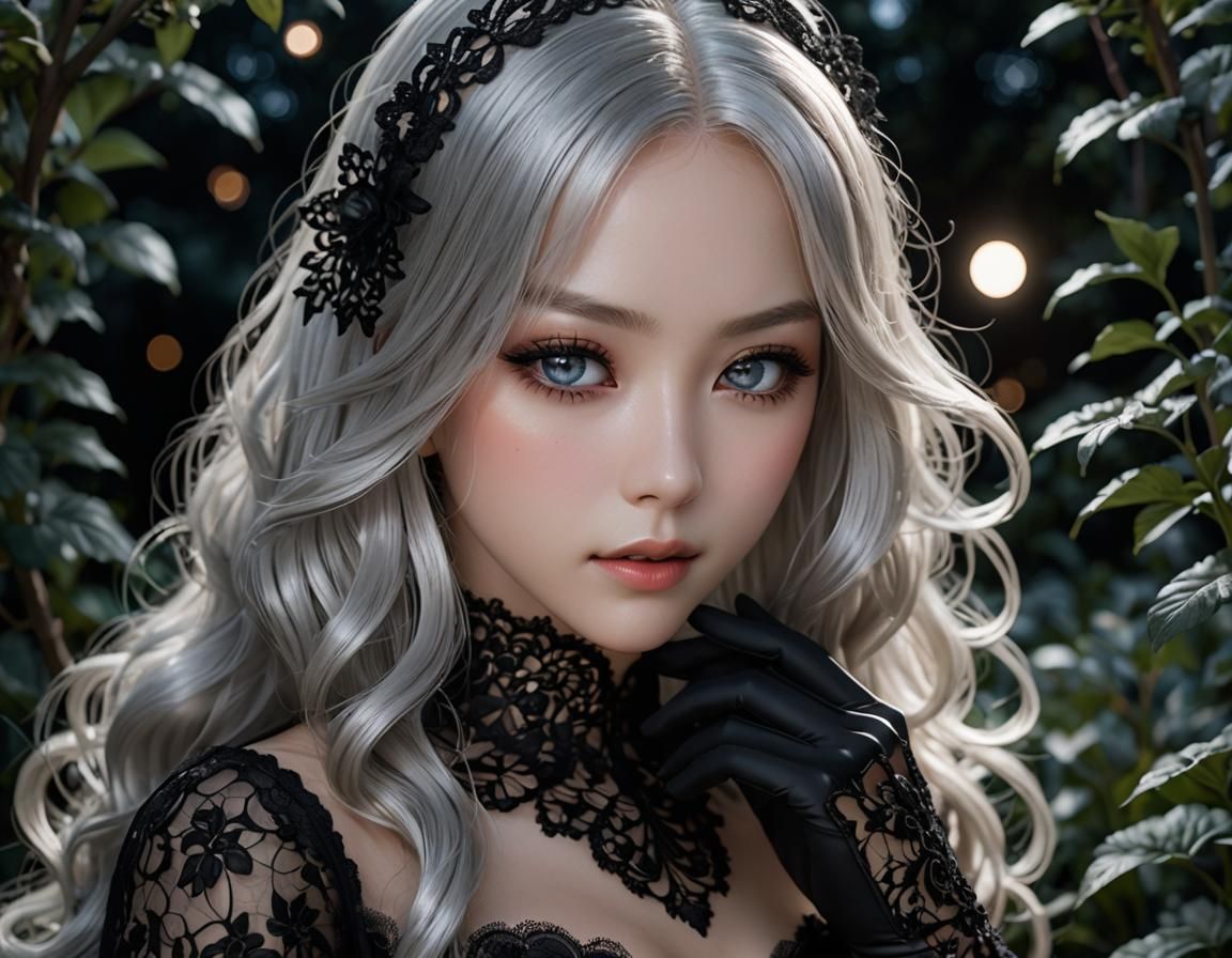 Anime Portrait: Woman in Lace, Moonlit Garden