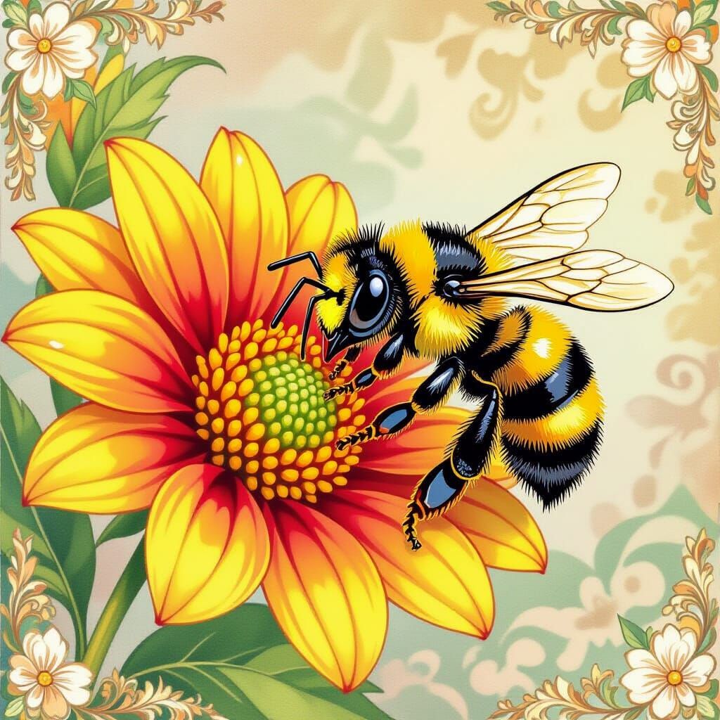 Honey Bee Sucking Honey, Watercolor Floral Art