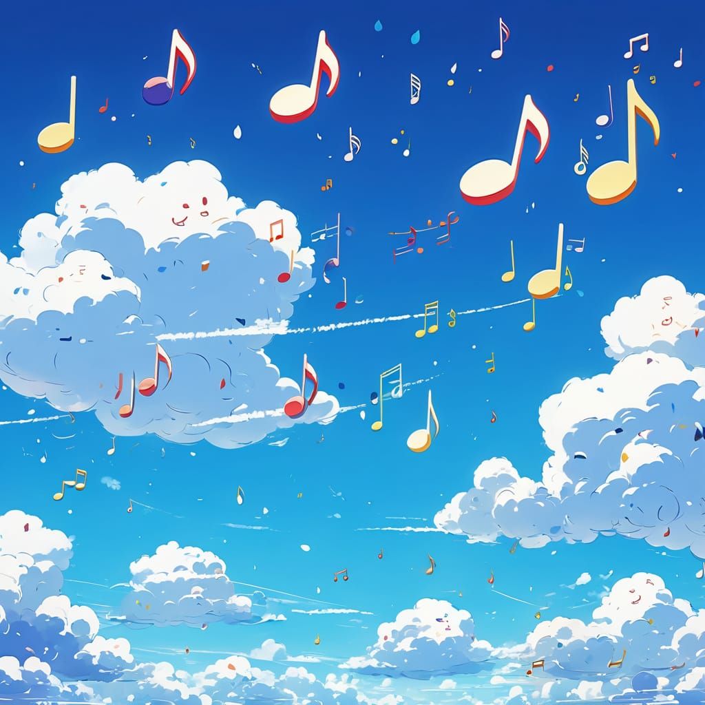 Bright Music Notes in Clouds, Anime Style
