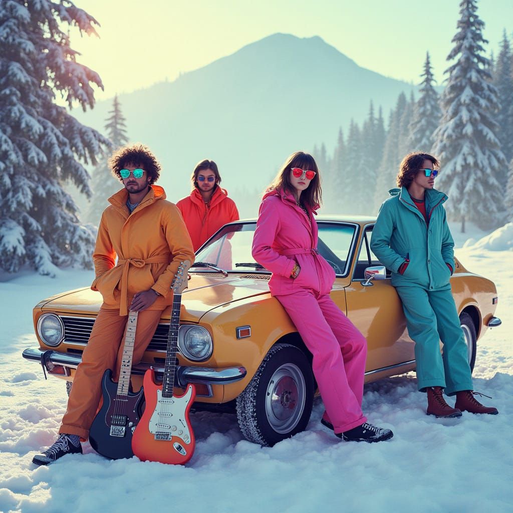 Neon Surf Rockers Chill Out in Retro-Futuristic Snowscape