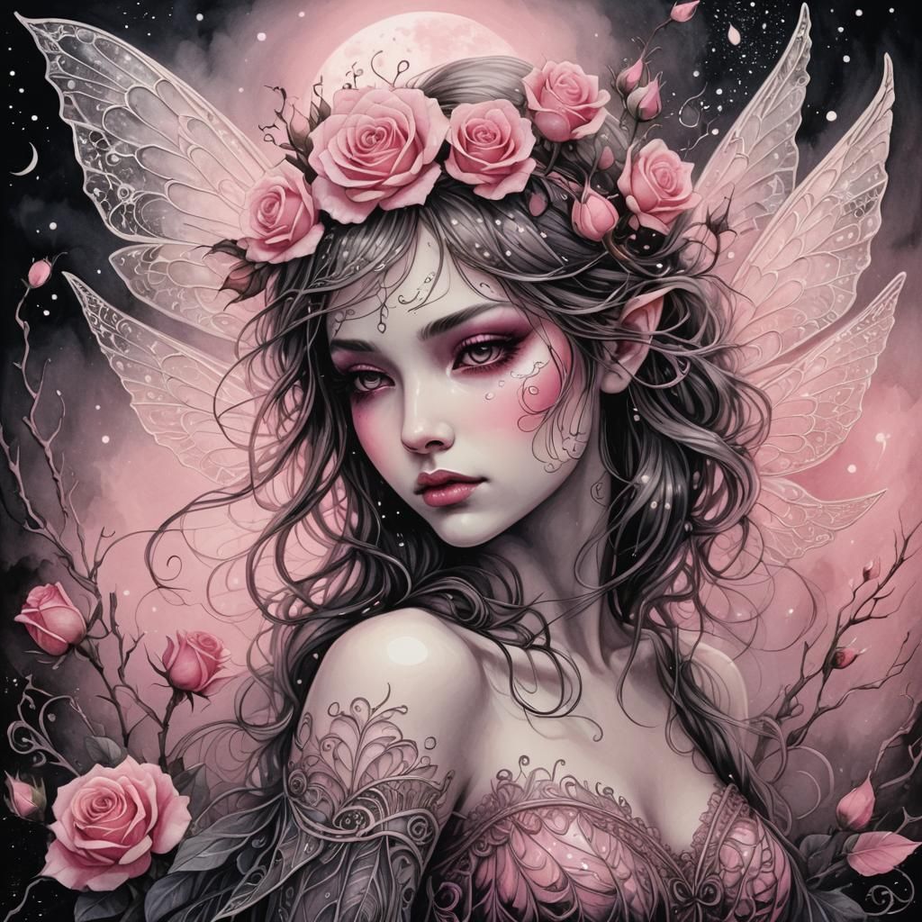 Glowing Pink Rose Fairy Portrait in Sinister Fantasy Art