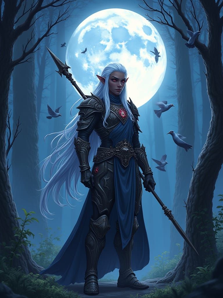 Elf Warrior in Moonlit Forest, Anime Style