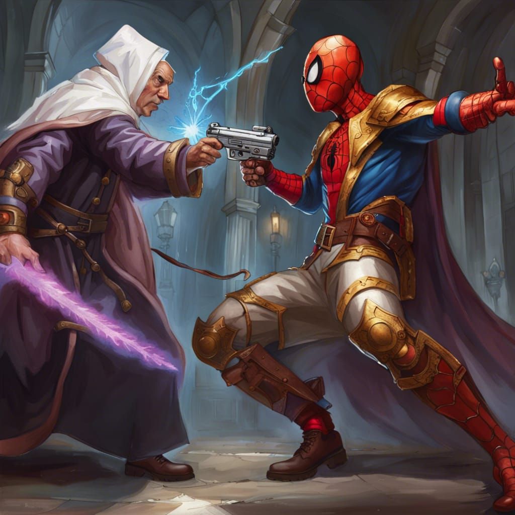 Spiderman, Pope, and Mage Engage in Gunfight