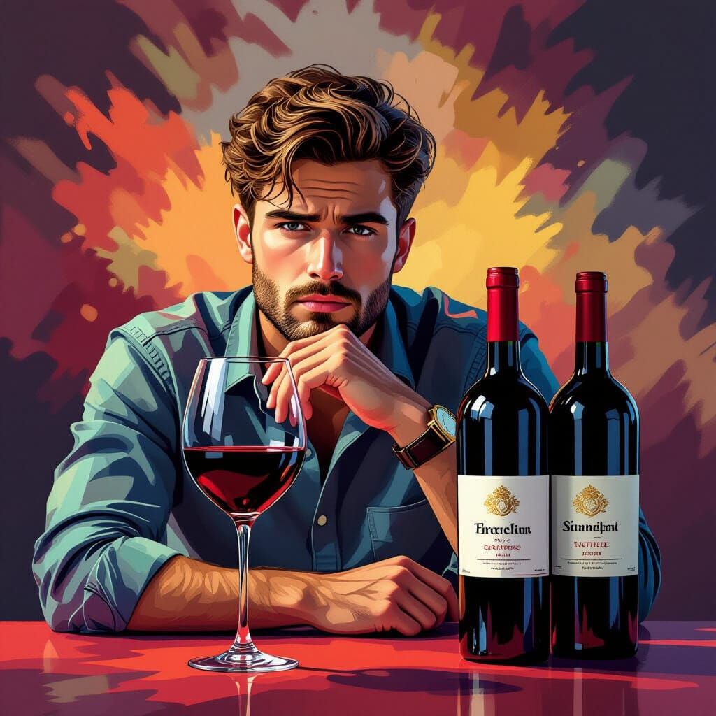 Man Contemplating Wine, Hyperrealistic Splash Art