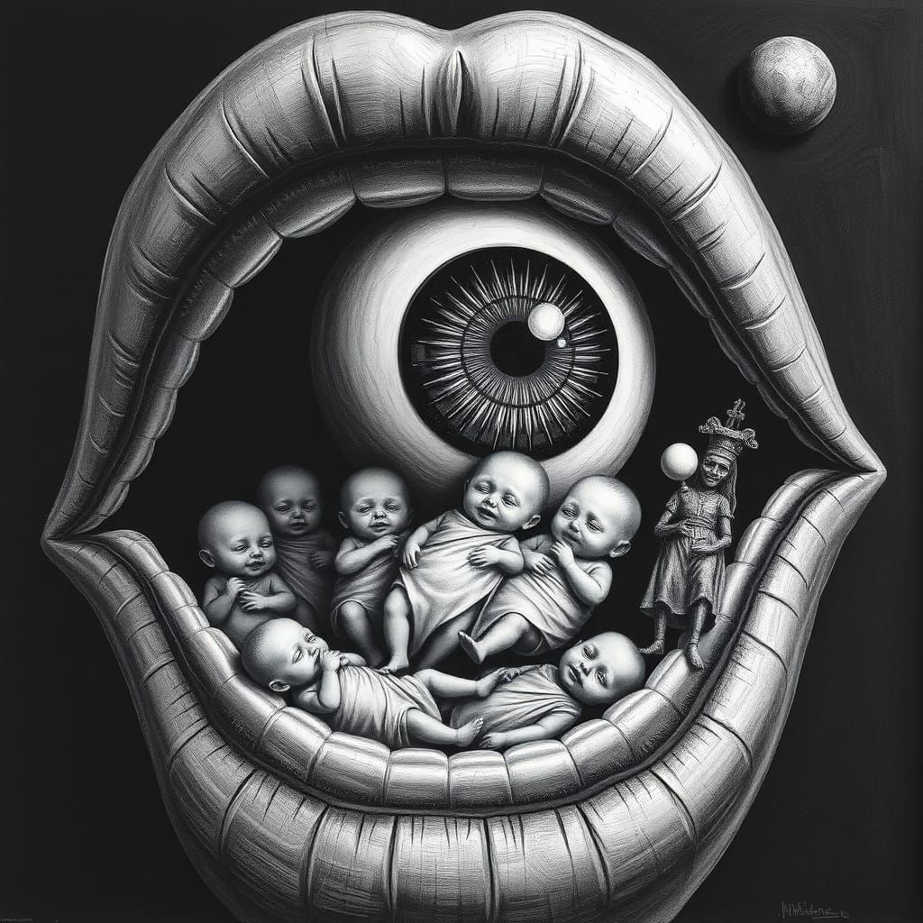 Surreal B&W Mouth Holds Babies, Eye Gazes at Odd Objects