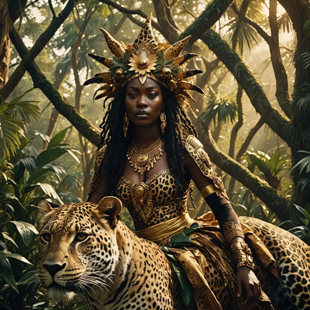 African Witch Rides Leopard in Baroque Jungle