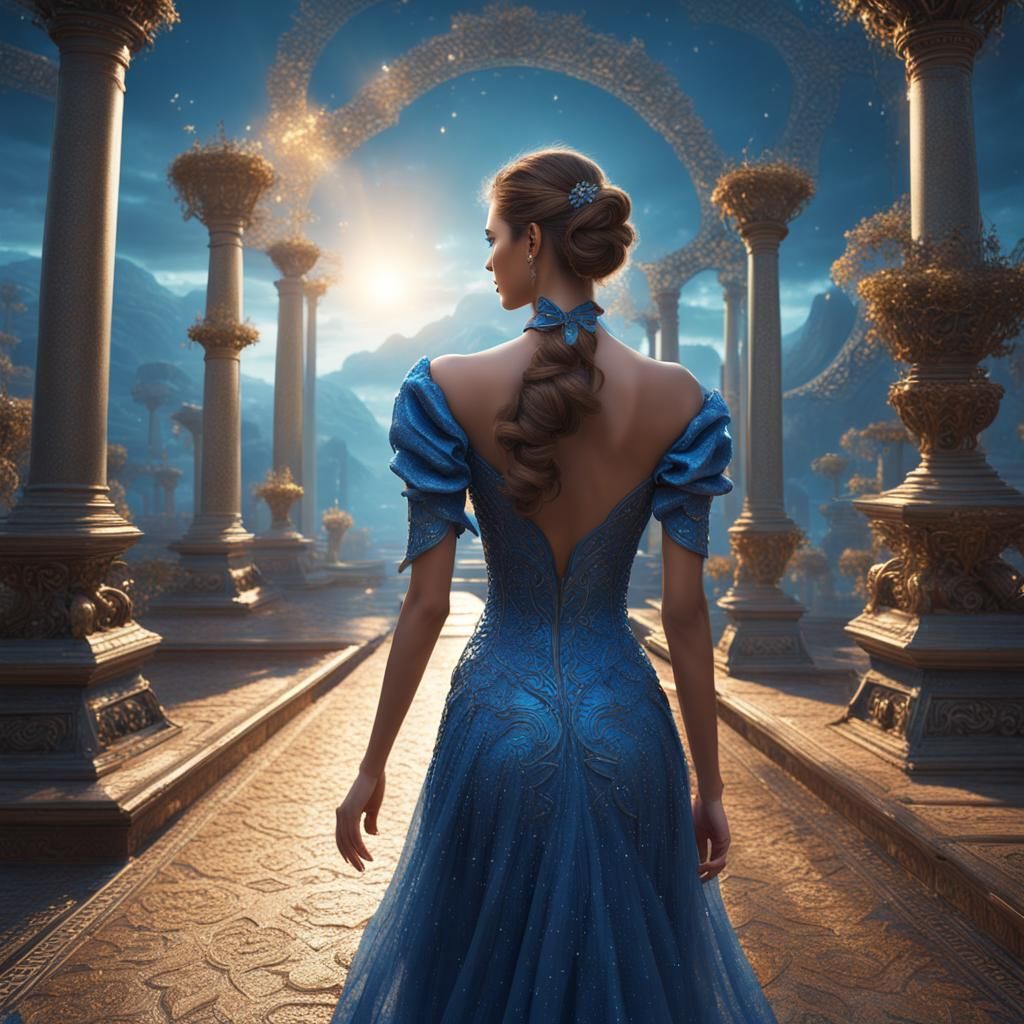 Woman in Blue Dress Stares Back, Fantasy Concept Art