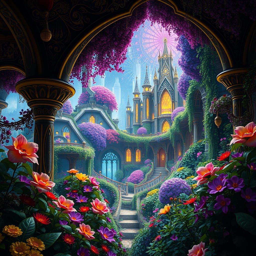 Surreal Garden with Vibrant Blossoms in Dark Fantasy Style