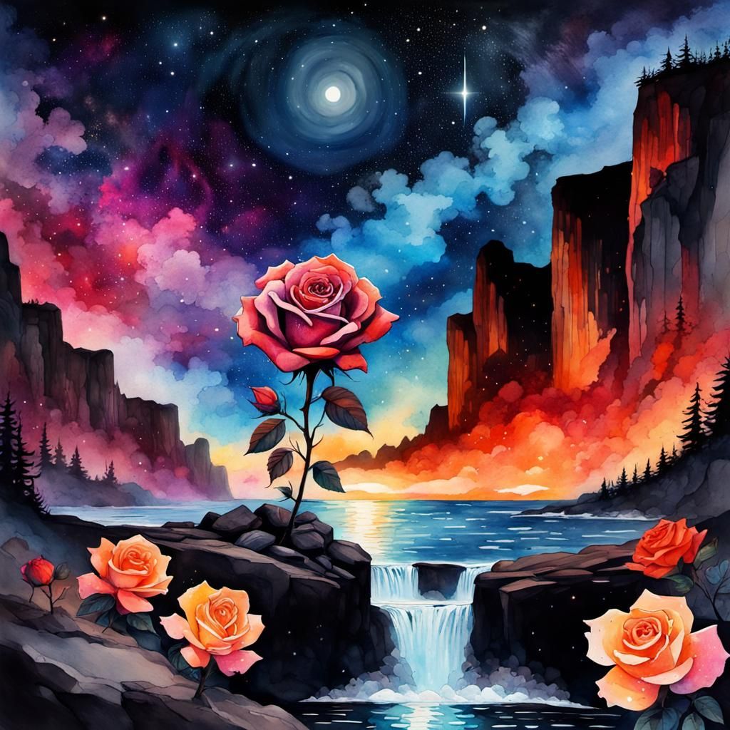 Midnight Rose Galaxy Waterfall in Watercolor Splash Art