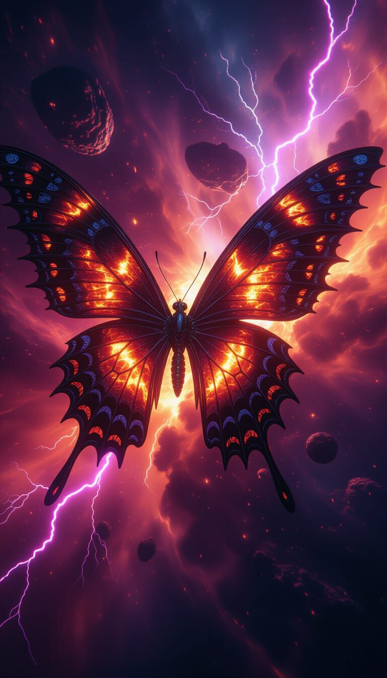 Biomechanical Butterfly Soaring Through Cosmic Storm