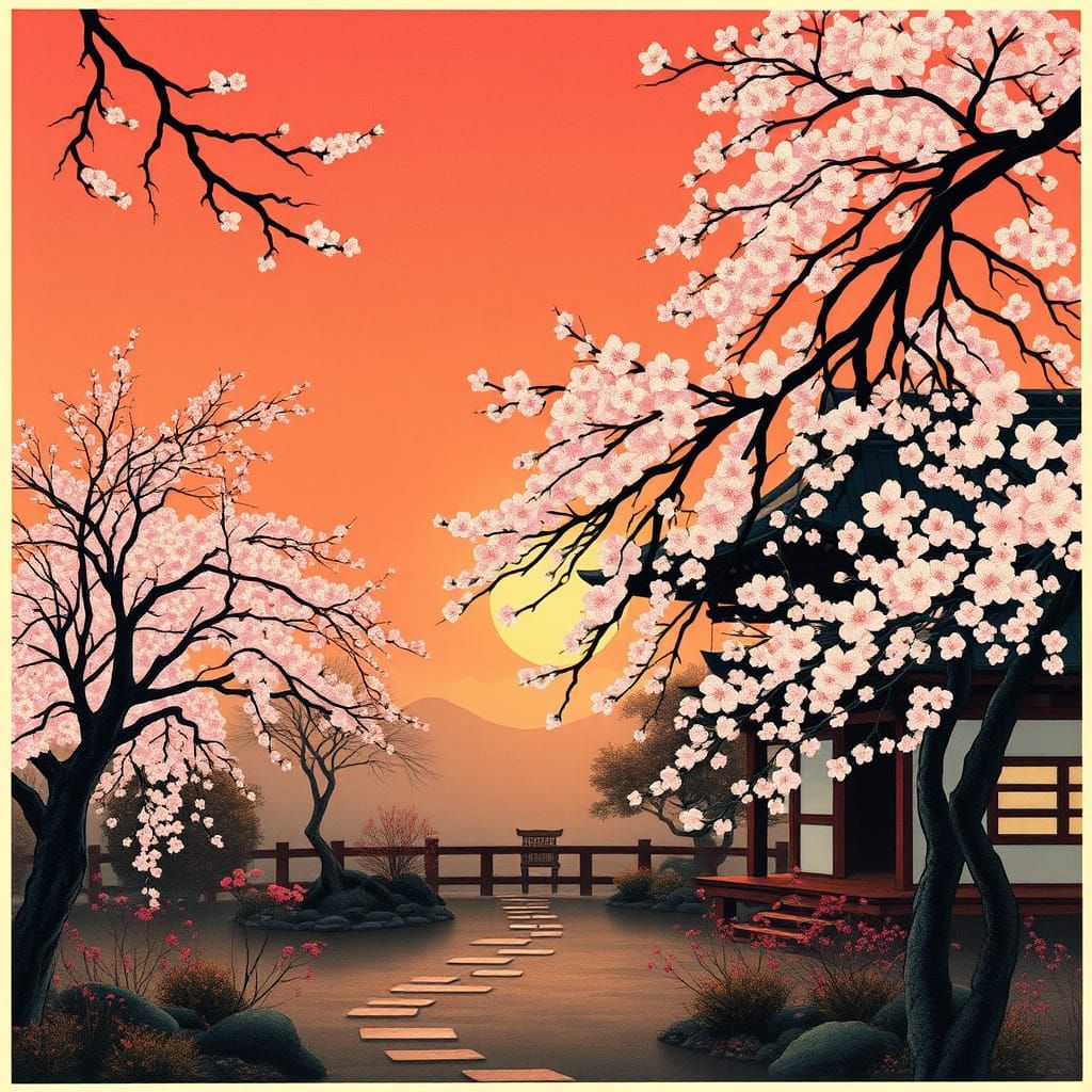 Serene Cherry Blossom Garden in Traditional Japanese Art Sty...