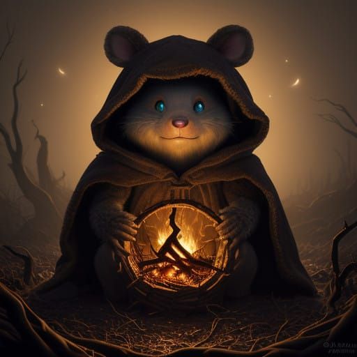 Rodent Figure Beside a Campfire in a Mysterious Forest