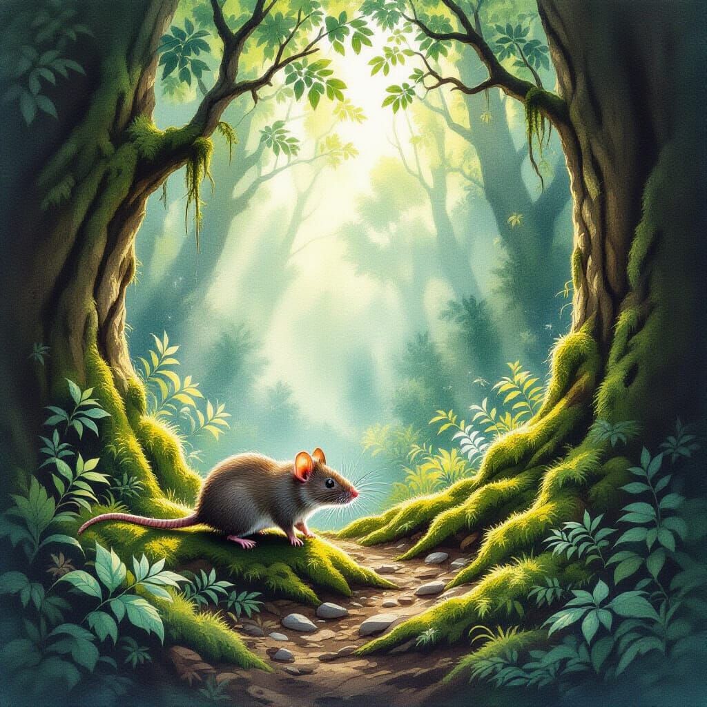 Lone Rat in Ancient Forest Sunlight Watercolor