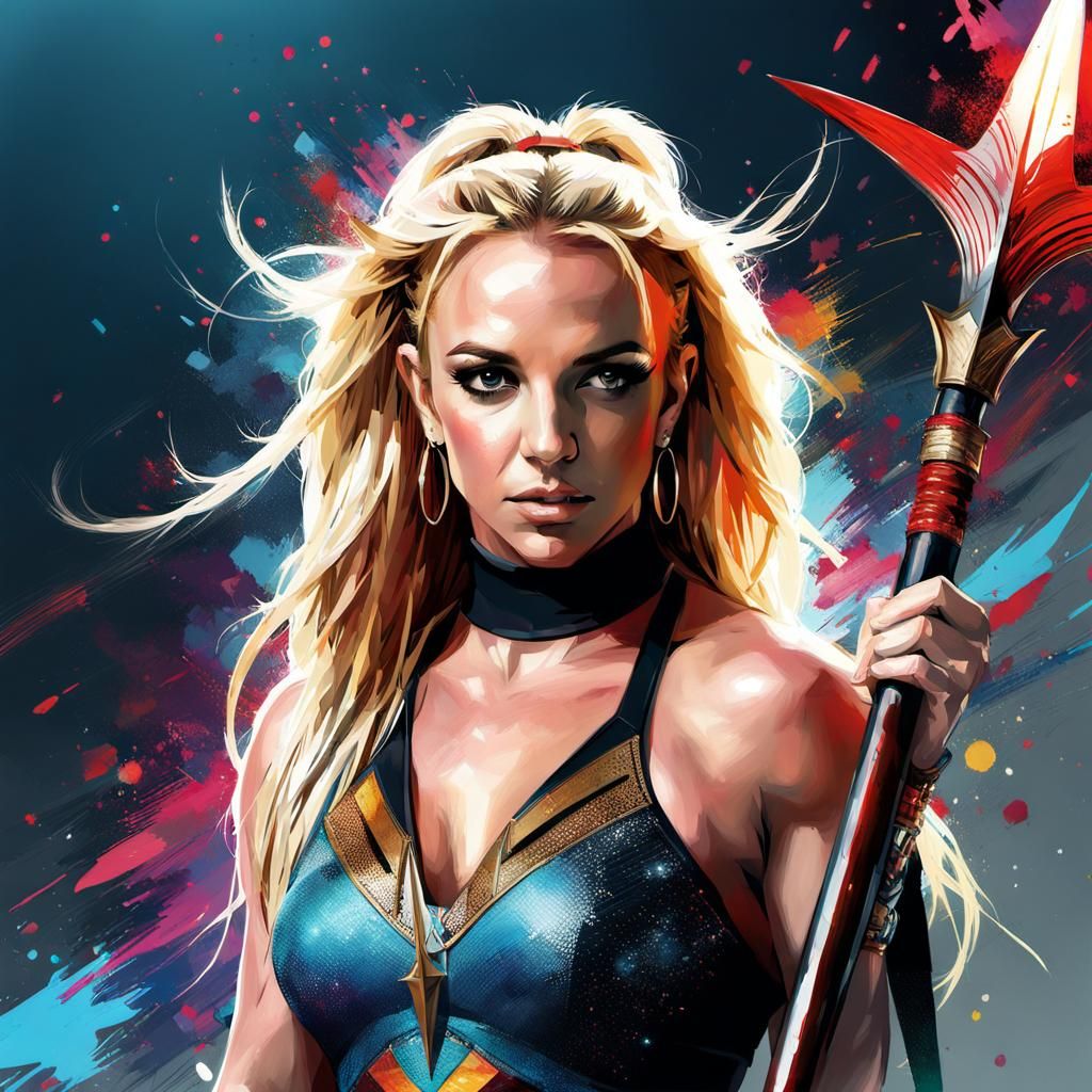 Portrait of Woman Holding Spear, Digital Splash Art
