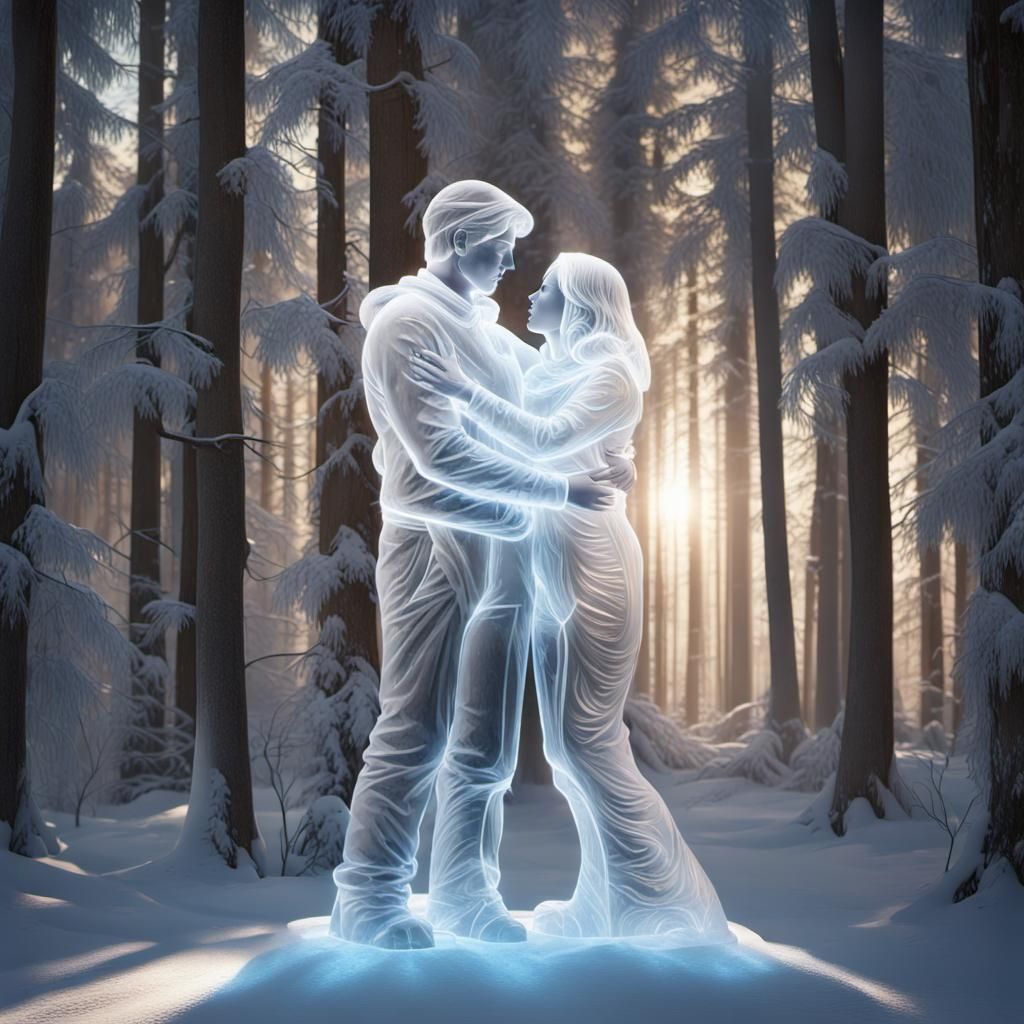 Ice Sculpture: Couple's Embrace in Winter Forest