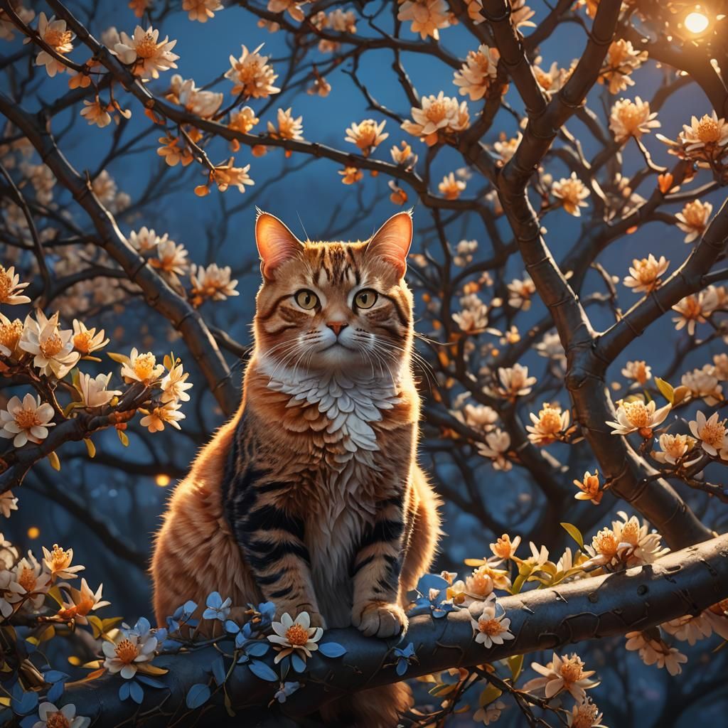 Cat on Flowering Osmanthus Tree at Dusk