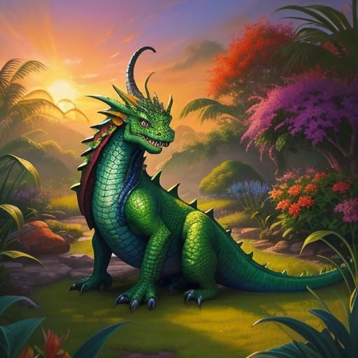 Dragon Bites Jalapeño in Mystical Garden as Impasto Painting