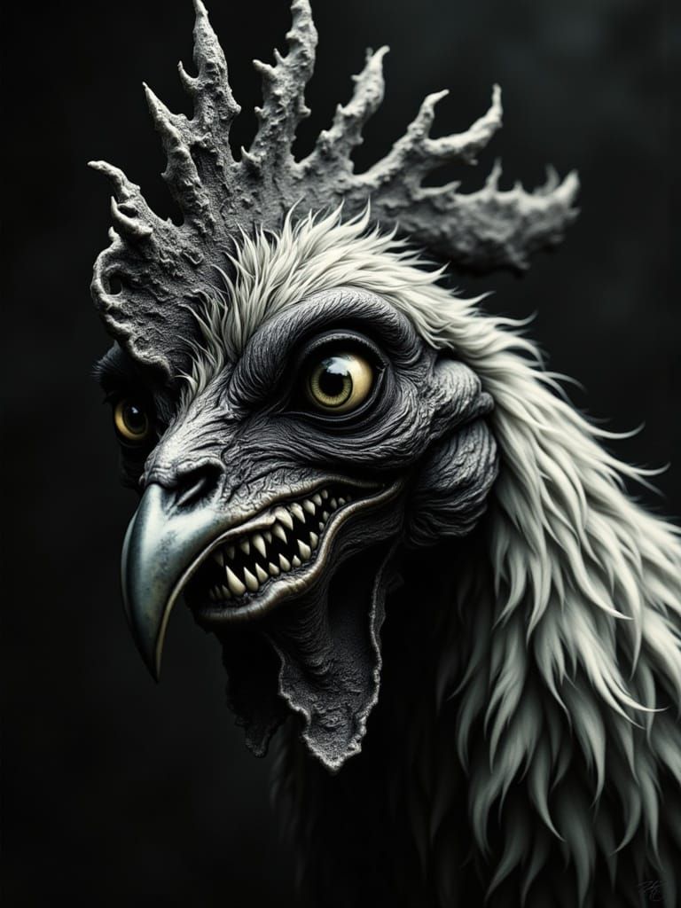 Surreal Dark Fantasy Rooster with Human Eyes and Sinister Gr...