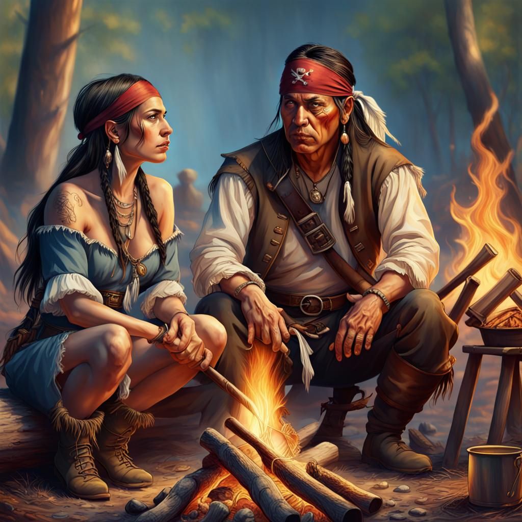Native American and Pirate by Campfire: Hyperrealistic Art
