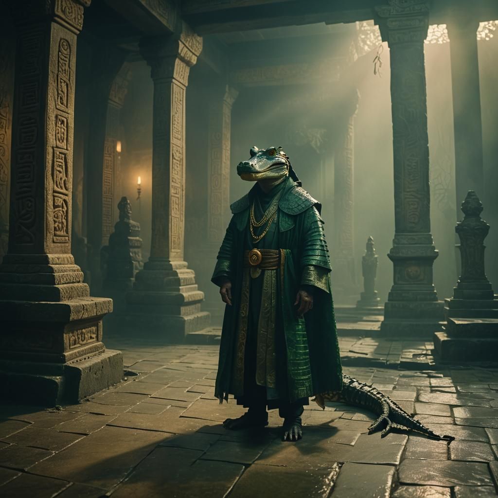 Alligator Priest in Misty Temple: Film Noir Style