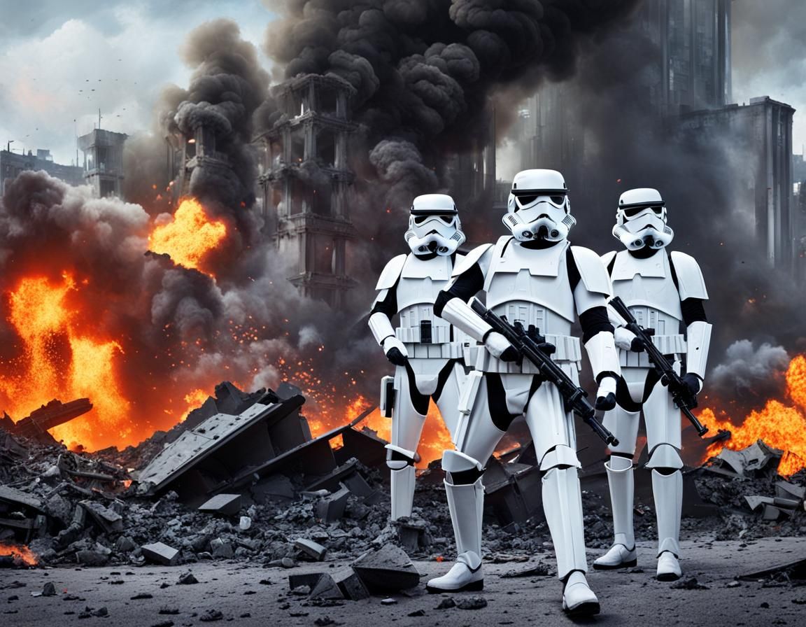 Stormtroopers Battle in Ruined City: Oil Painting