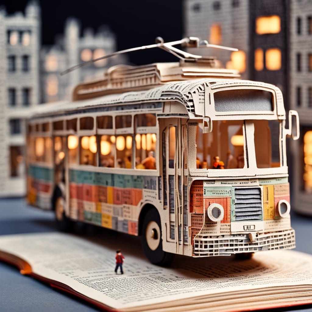 Miniature Papercraft Trolleybus Cityscape Sculpture