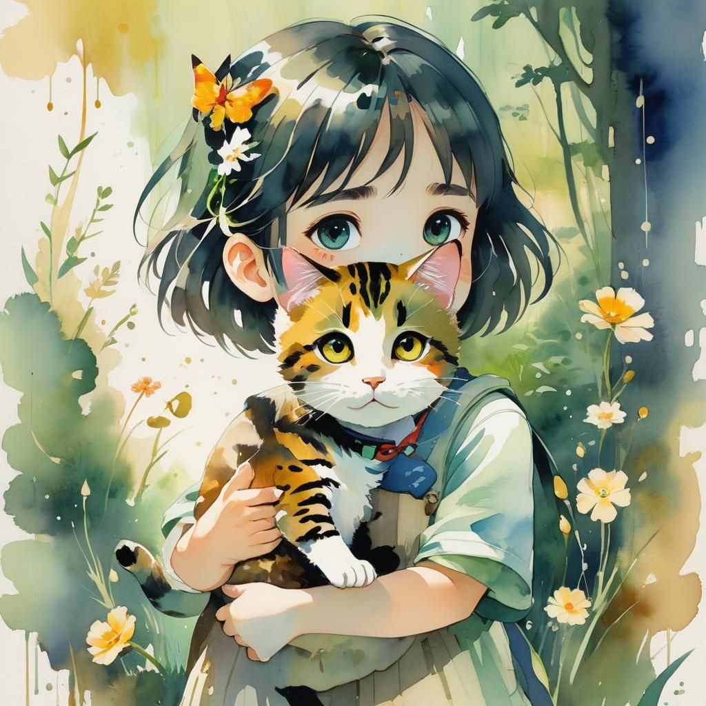 Girl with Cat: Anime-Inspired Watercolor Painting