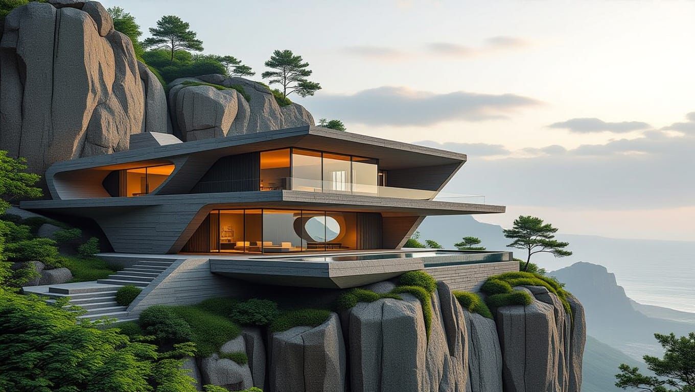 Modern Stone Cliffside Abode in Earthy Elegance