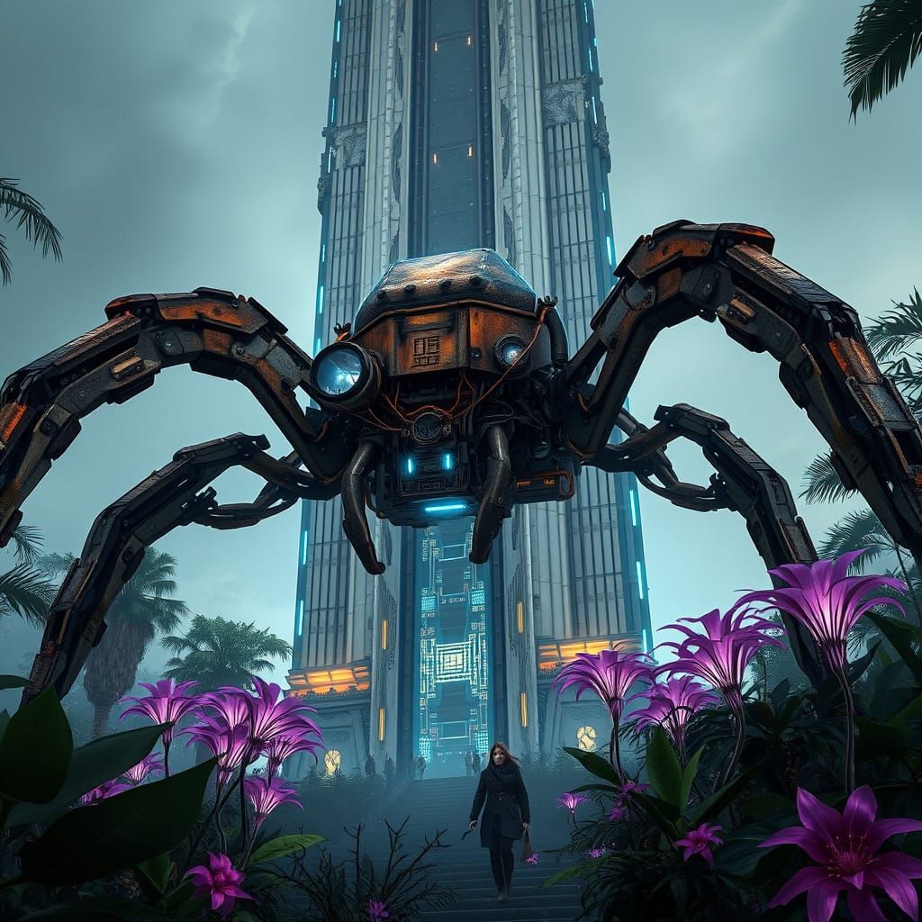 Dieselpunk German Spider Robot in Futuristic Cyberpunk Citys...