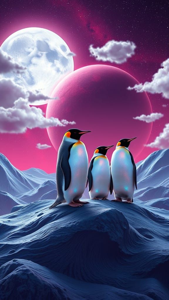 Glowing Penguins Amidst Red Planet Cosmos