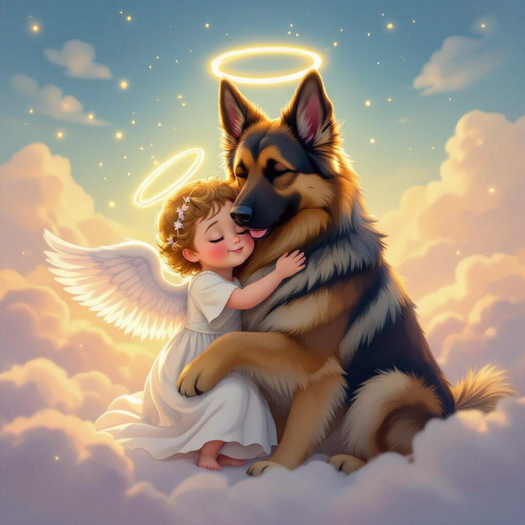 Angel and German Shepherd Hugging in Heavenly Sky