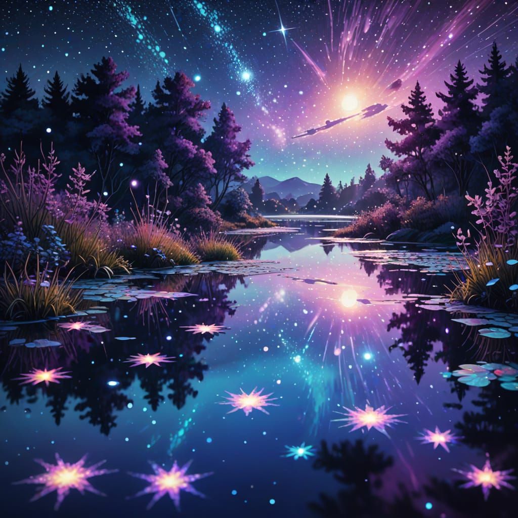 Stars in Pond: Cosmic Mixed Media Illustration
