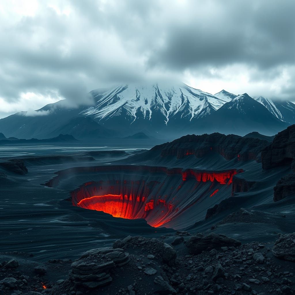 Desolate Landscape with Lava Crater in Cinematic Style