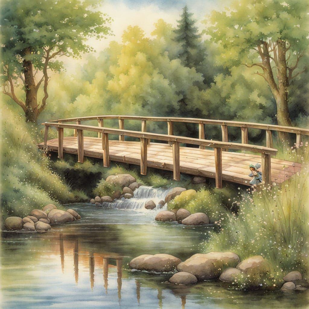 Whimsical Wooden Bridge over a Sparkling Stream