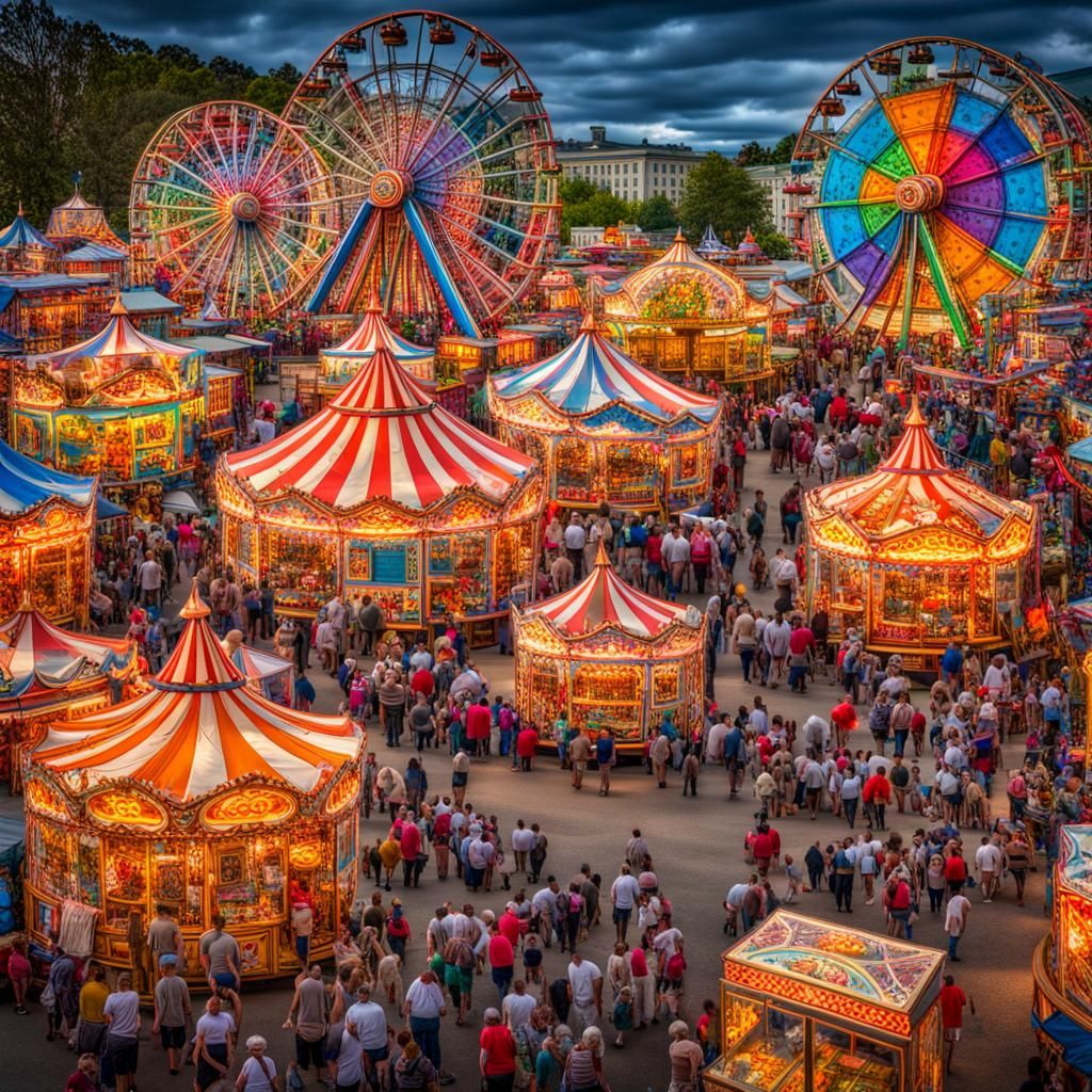 Whimsical Carnival Scene with Ferris Wheel and Stuffed Anima...