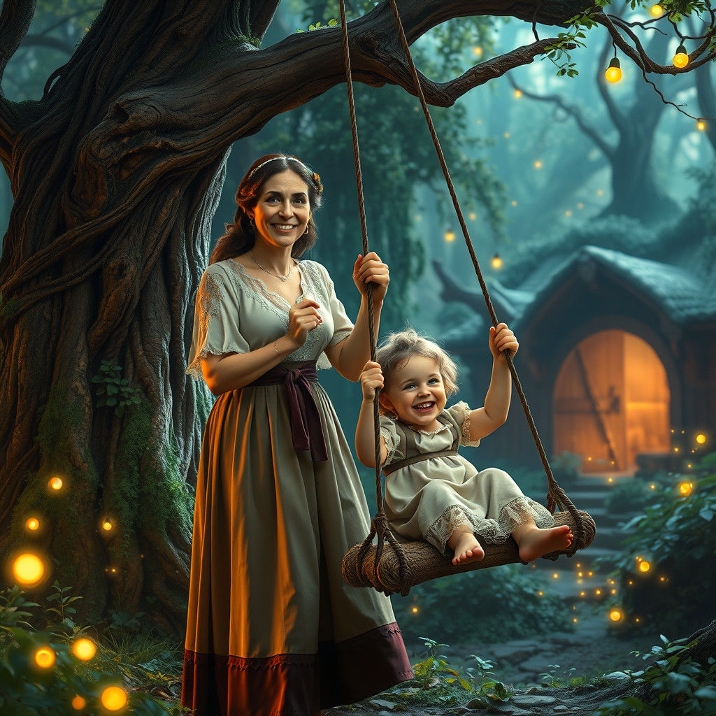 Enchanting Forest Scene: Mother and Child in Fantasy Art