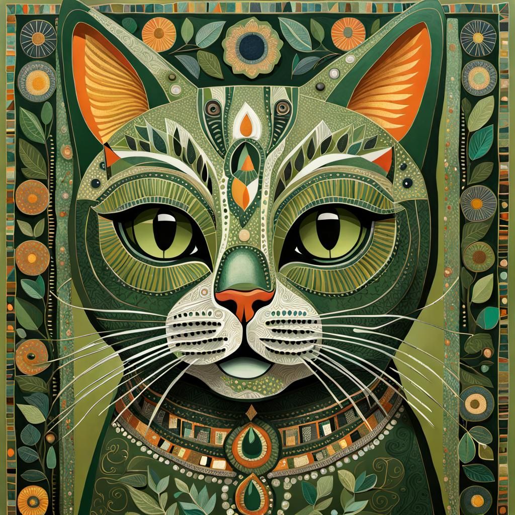 Whimsical Olive Green Cat Poster Art