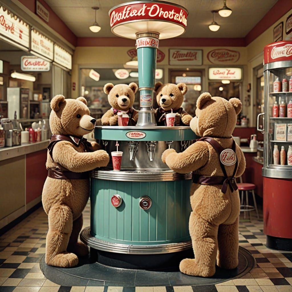 Teddy Bears at 1950s Soda Fountain in Matte Painting
