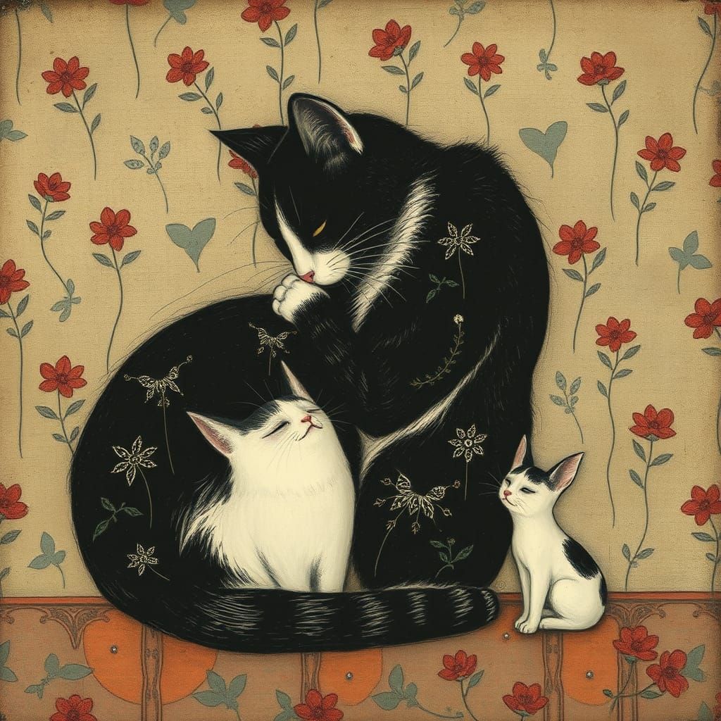 Encaustic Whimsical Cat Preening: Intricate Art