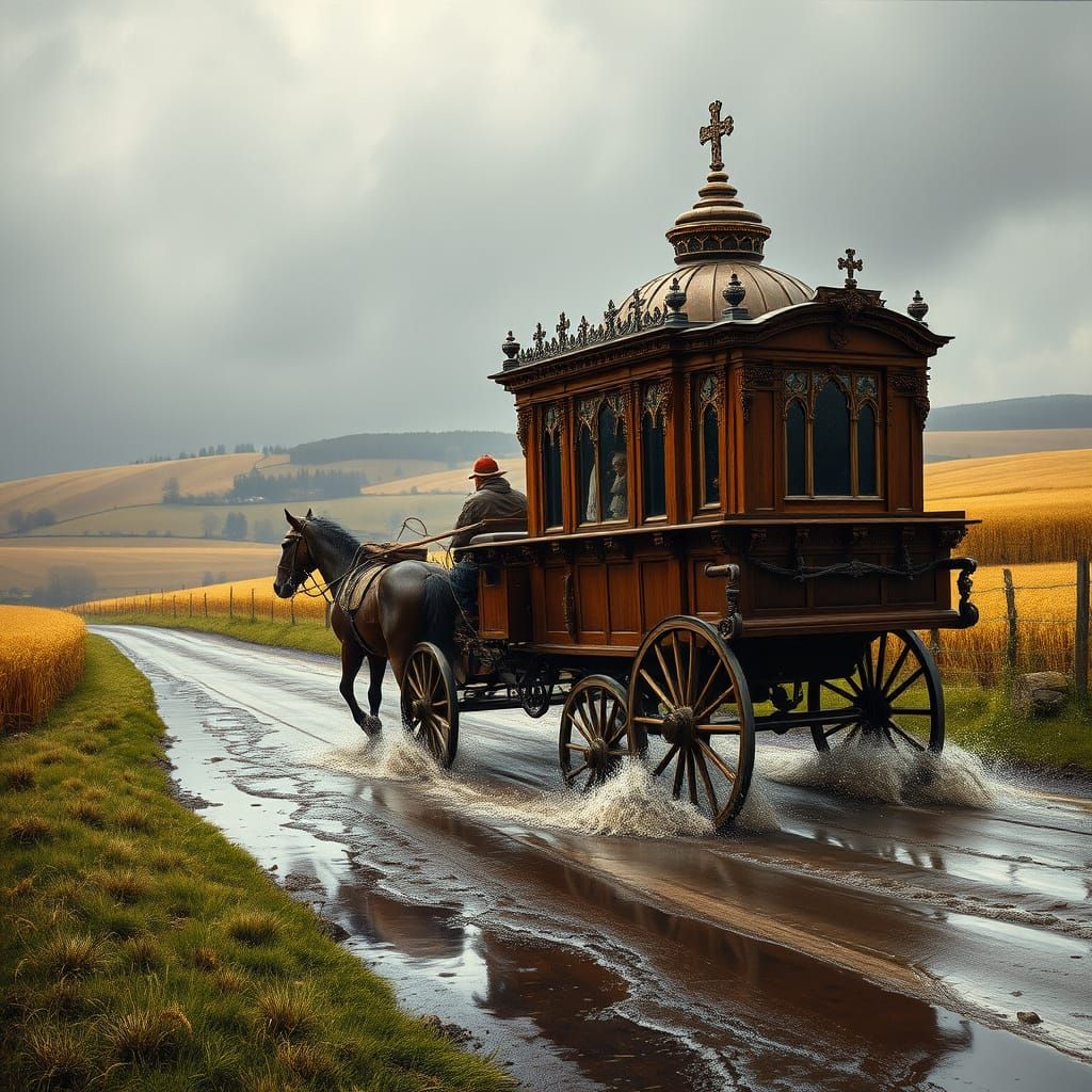 Ornate Carriage on Country Lane in the Rain