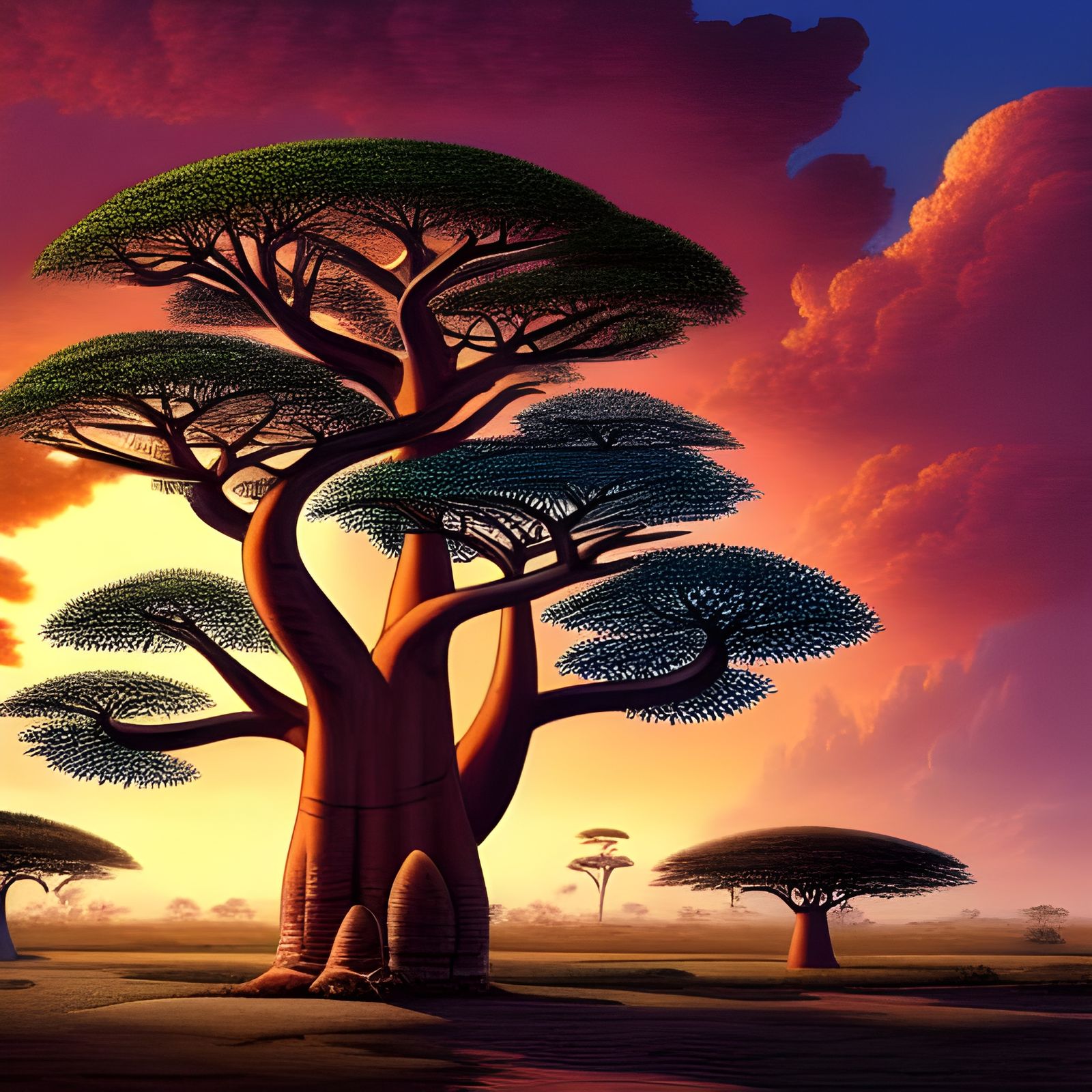 Baobab Trees at Sunset: Hyper-Detailed Illustration