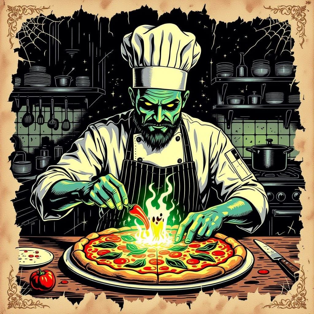 Haunted Kitchen: Ghostly Pepper Pizza, Golden Age Illustrati...