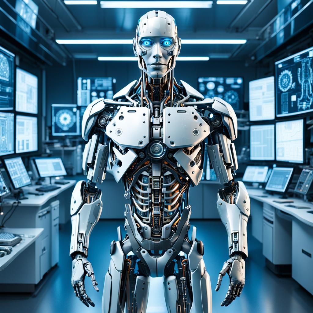 Futuristic Cyborg Integration in High-Tech Lab